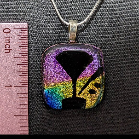 Rula Glass Jewelry - Flirty & Fun Signed MARTINI Etch Rainbow Dichroic Glass Pendant w/Sterling Chain